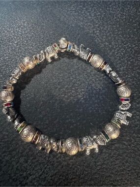 Silver-Tone Floral and elephant Stretch Bracelet with Multicolor Accents